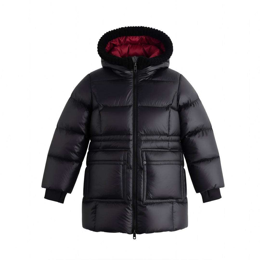 ELLABEE BLACK KNIT TRIM PUFFER LONG COAT