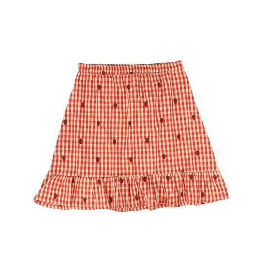 FLOSS RED CHECKED STRAWBERRY EMBROIDERED SKIRT