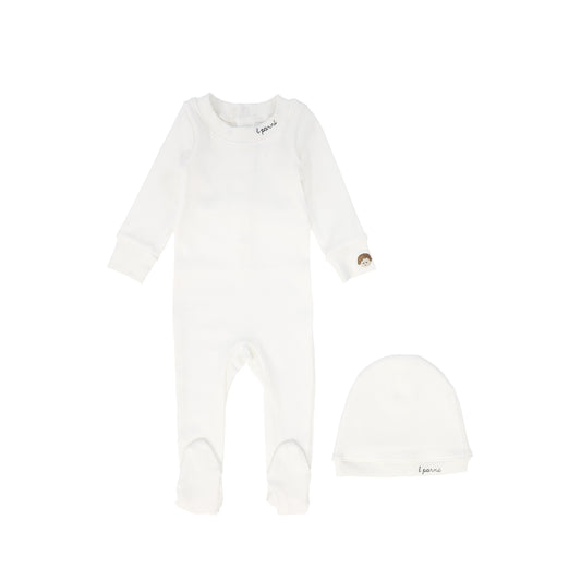 LITTLE PARNI IVORY RIBBED BOYS FOOTIE + BEANIE