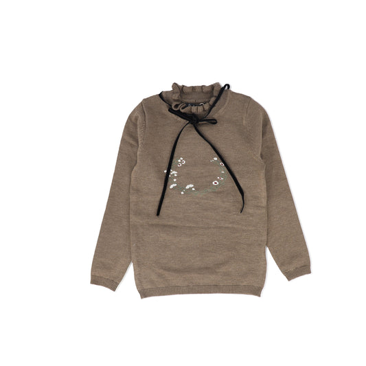 BELATI BROWN RIBBON TRIM CREST KNIT SWEATER