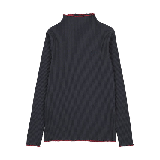 FROO STYLE NAVY SCALLOP TRIM RIBBED TURTLENECK