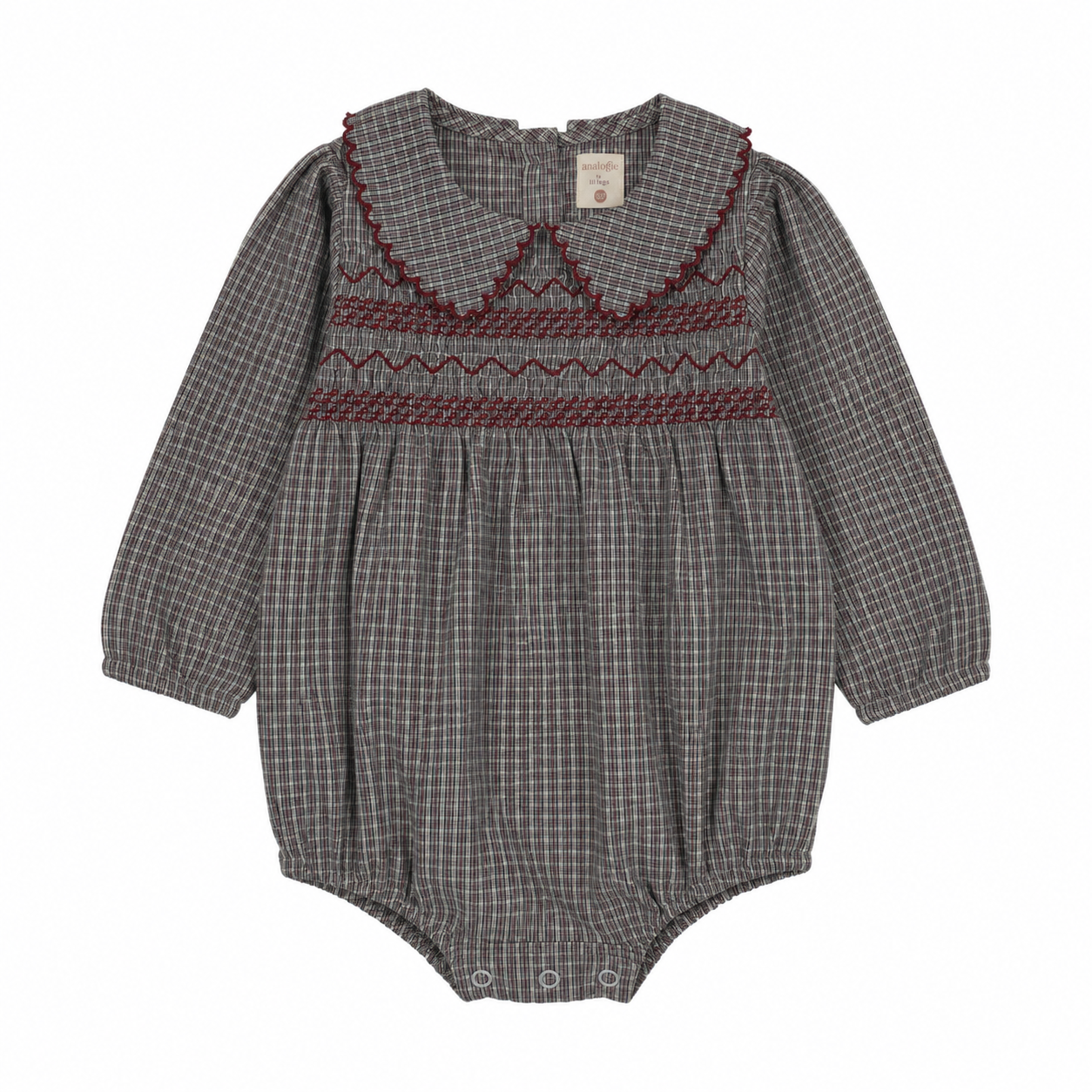 ANALOGIE GREY PLAID SMOCKED ROMPER
