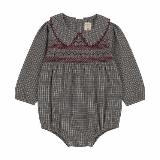 ANALOGIE GREY PLAID SMOCKED ROMPER