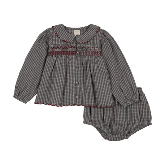 ANALOGIE GREY SMOCKED PLAID BLOOMER SET