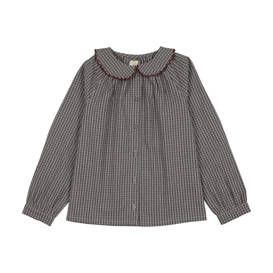ANALOGIE GREY PLAID SMOCKED BLOUSE