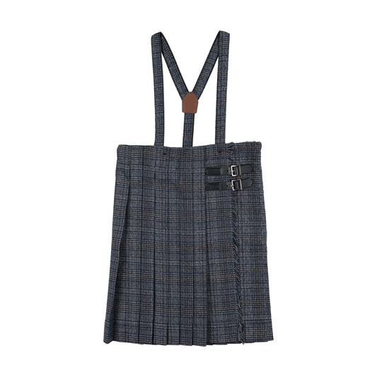 ANALOGIE VINTAGE BLUE/GREY PLAID BUCKLE SUSPENDER SKIRT