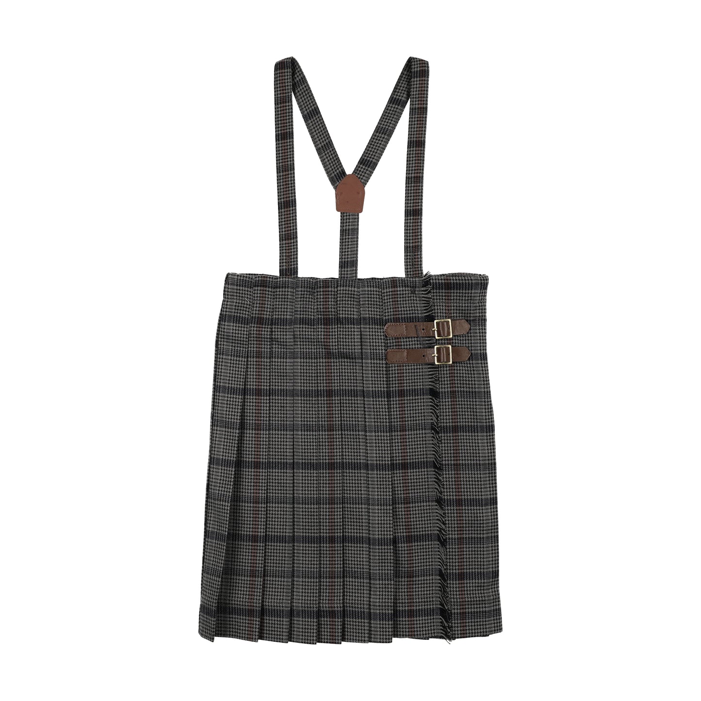 ANALOGIE GREY/BROWN HOUNDSTOOTH PLAID BUCKLE SUSPENDER SKIRT