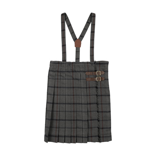 ANALOGIE GREY/BROWN HOUNDSTOOTH PLAID BUCKLE SUSPENDER SKIRT