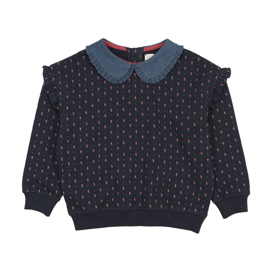 ANALOGIE NAVY/DENIM PRINT COLLAR RUFFLE SWEATSHIRT