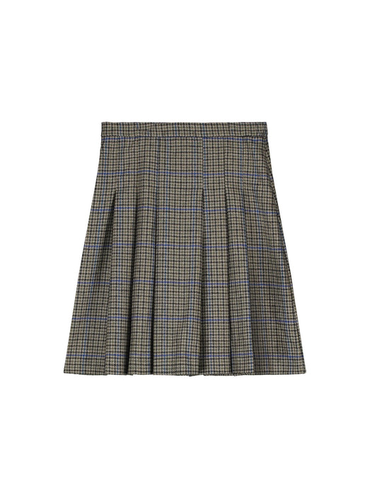 TANGERINE OLIVE GREEN HOUNDSTOOTH PLEAT SKIRT