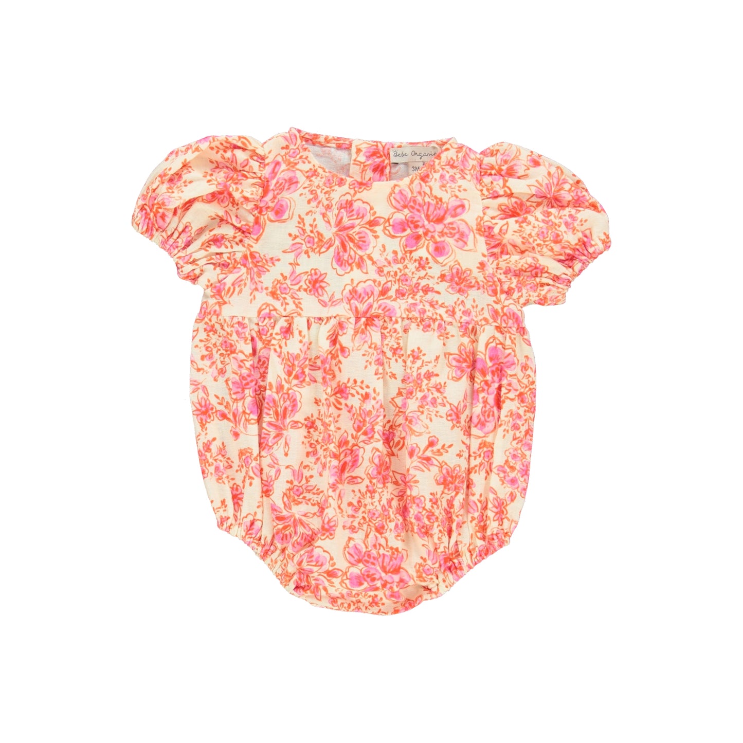 BEBE ORGANIC ORANGE/PINK FLORAL PUFF SLEEVE ROMPER