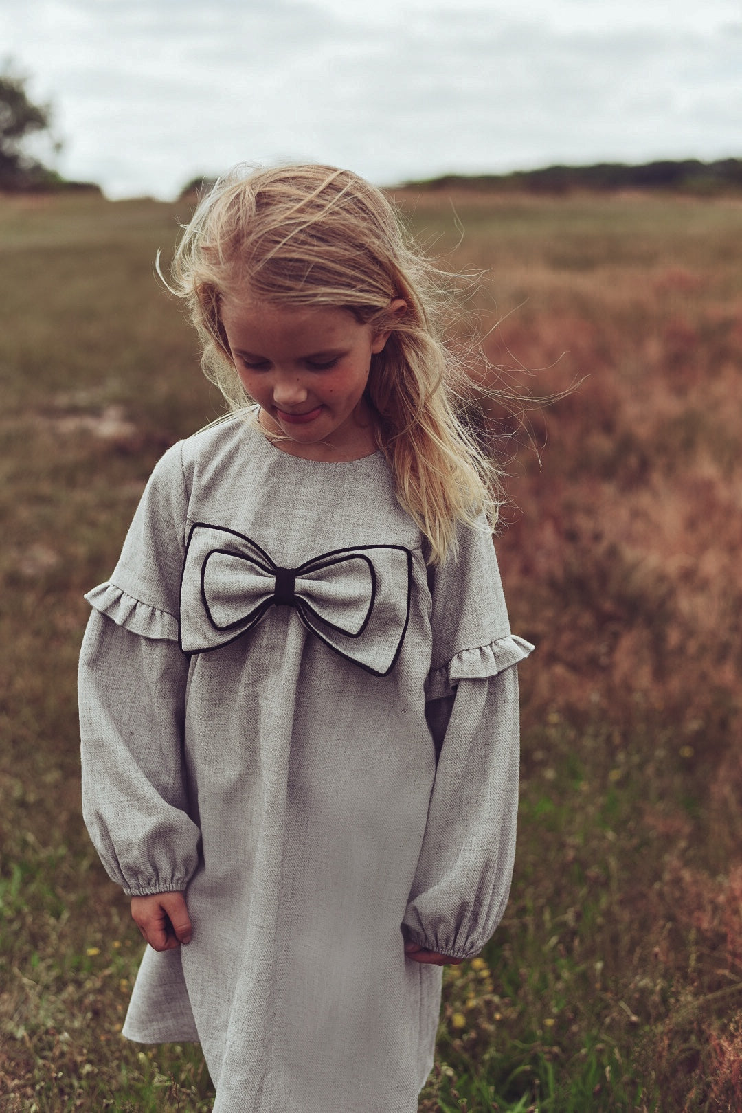 LRDM PETITS GREY GATHERED BOW DRESS