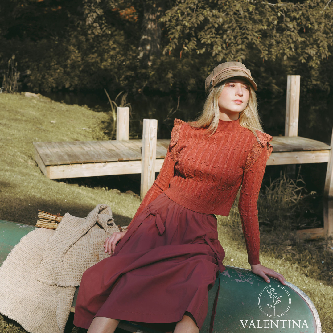 VALENTINA RUST LACE POINTELLE SWEATER SET