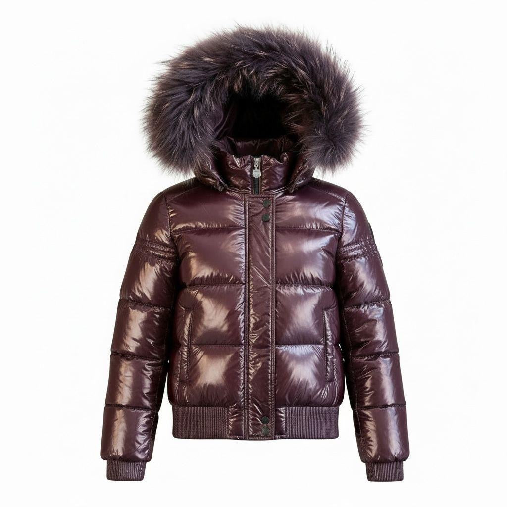 SCOTCH BONNET PLUM FUR TRIM GLOSS PUFFER COAT