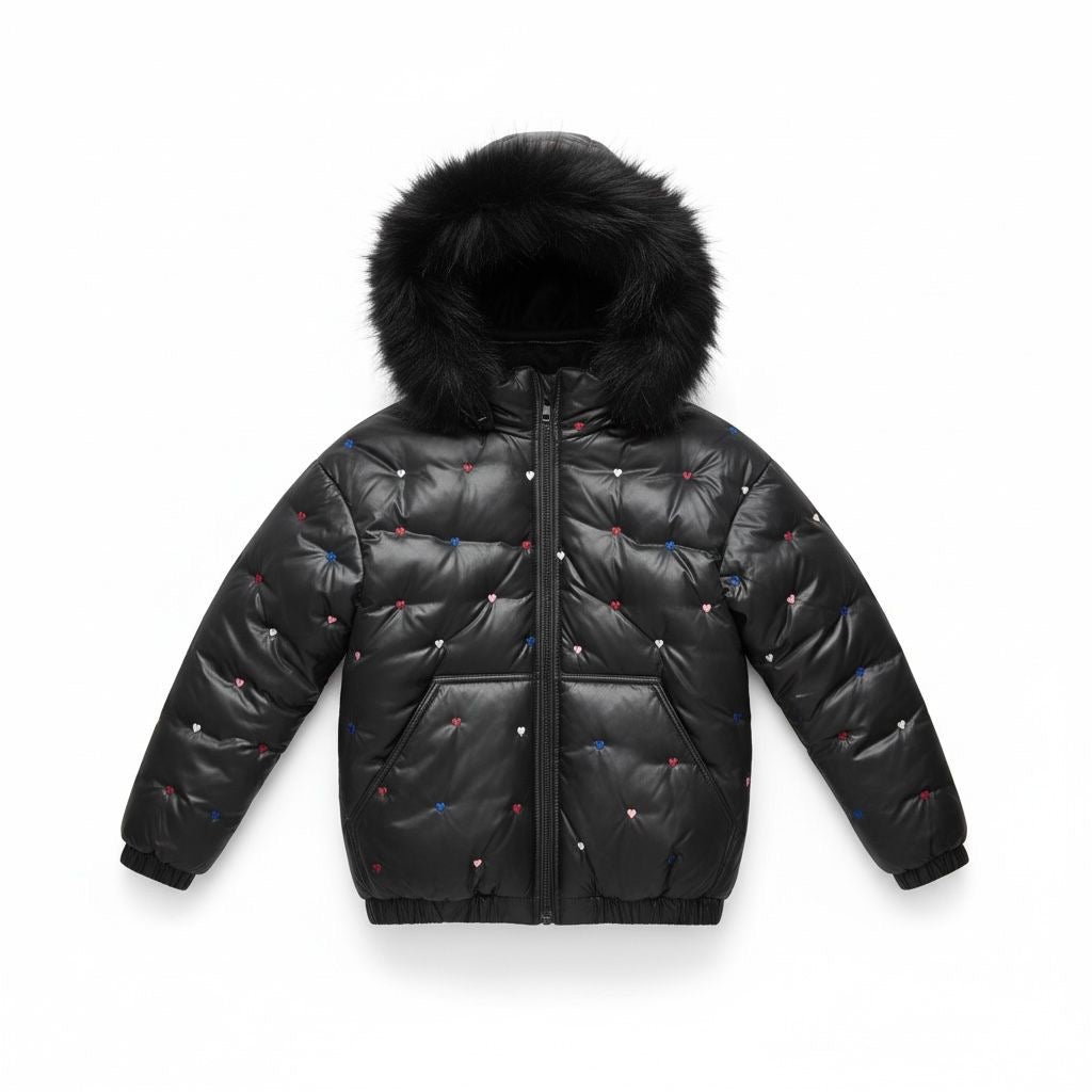 SCOTCH BONNET BLACK FUR TRIM HEART DOT PUFFER COAT