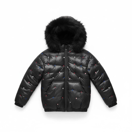 SCOTCH BONNET BLACK FUR TRIM HEART DOT PUFFER COAT