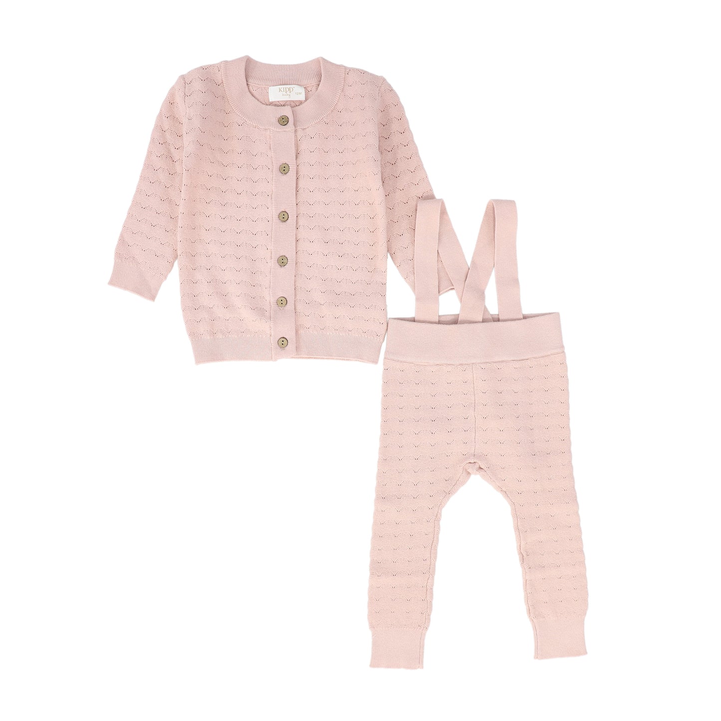 KIPP PINK POINTELLE KNIT SUSPENDER PANT SET