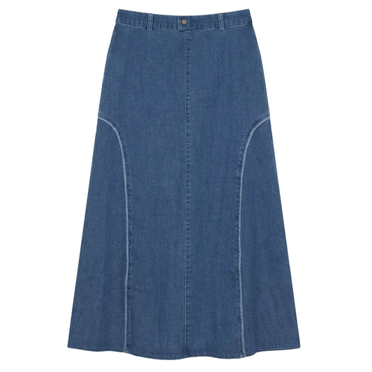 GEM BLUE DENIM FRAYED HEM MIDI SKIRT