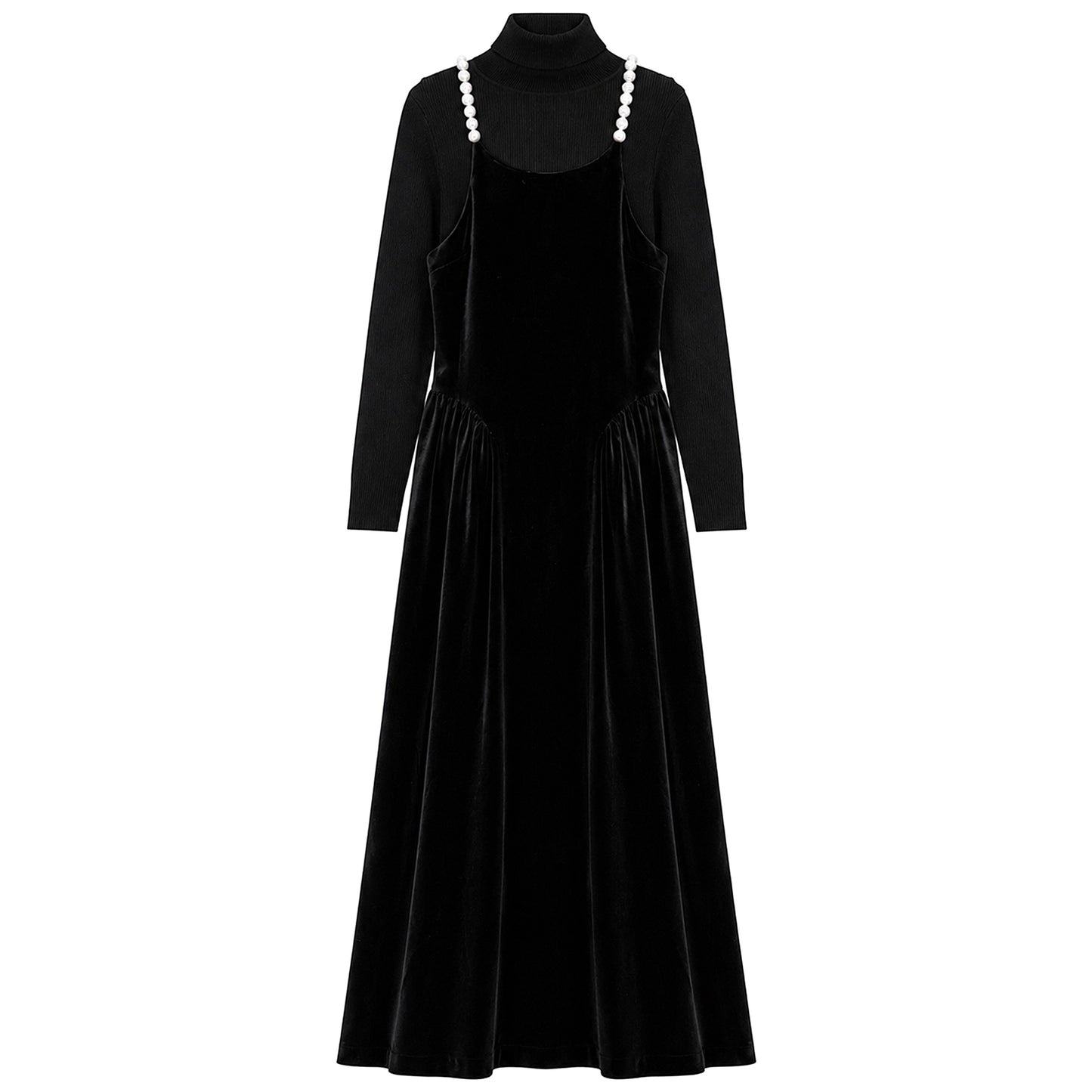 GEM BLACK PEARL STRAP SATIN DRESS