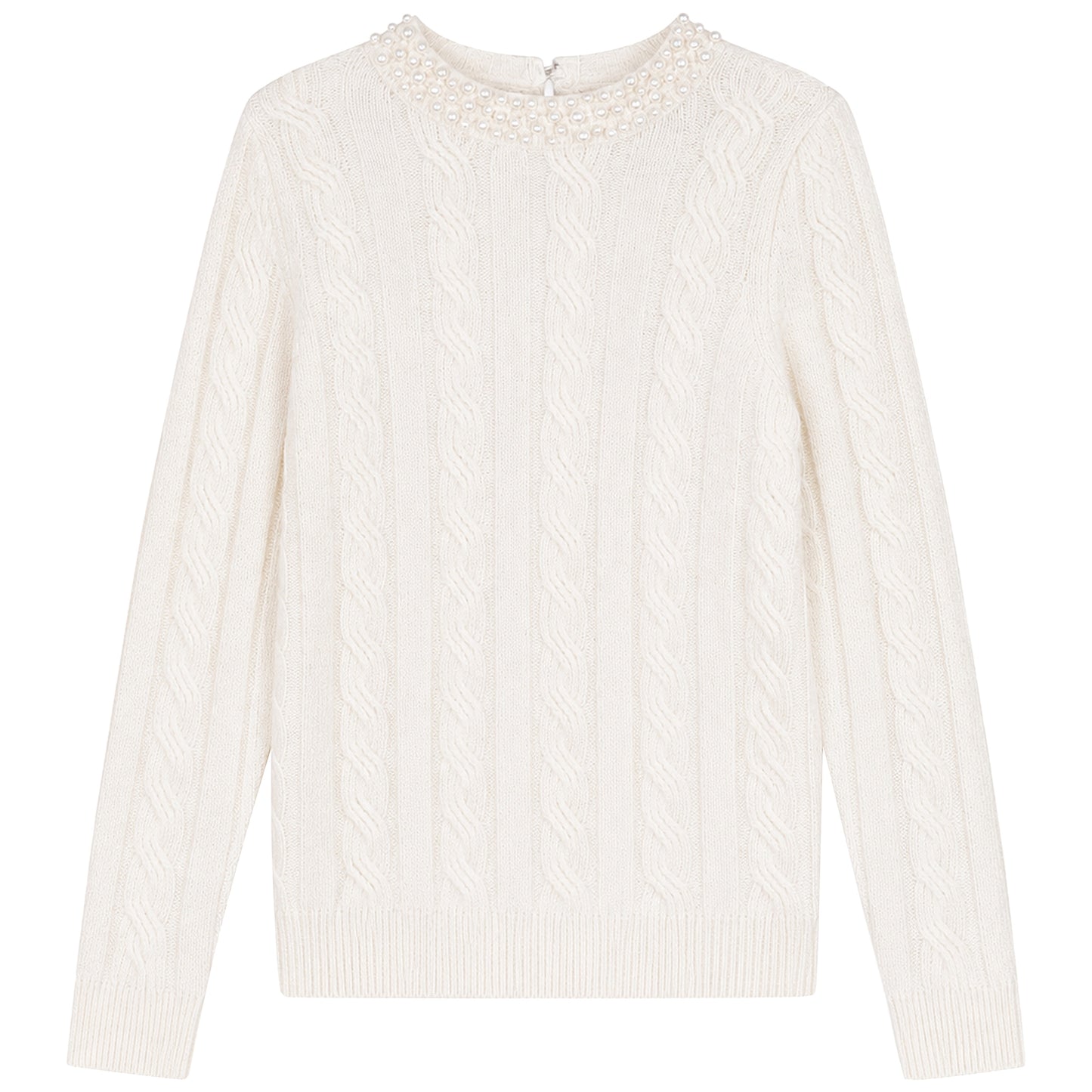 GEM CREAM PEARL TRIM CABLE KNIT SWEATER