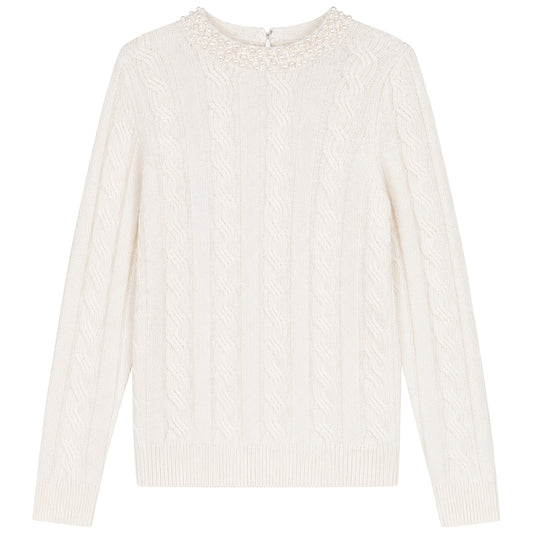 GEM CREAM PEARL TRIM CABLE KNIT SWEATER