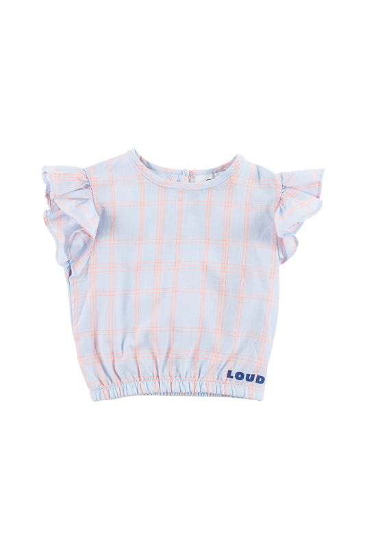 LOUD BLUE/ORANGE CHECKED RUFFLE TRIM TOP