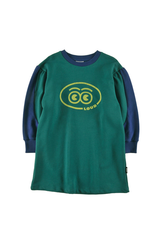 LOUD HUNTER GREEN COLORBLOCK PUFF SLEEVE LOGO DRESS