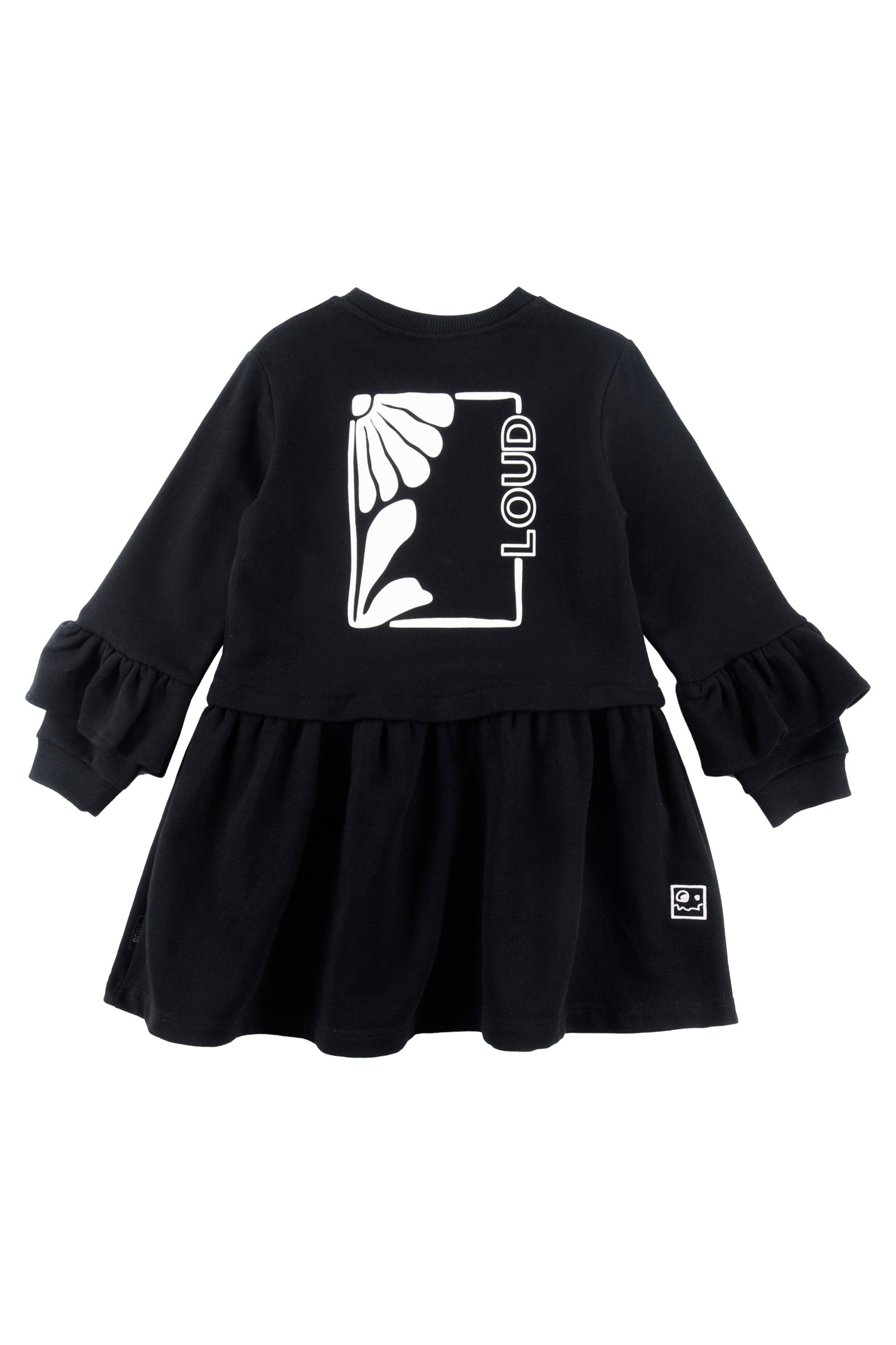 LOUD BLACK/WHITE LOGO RUFFLE TRIM DRESS