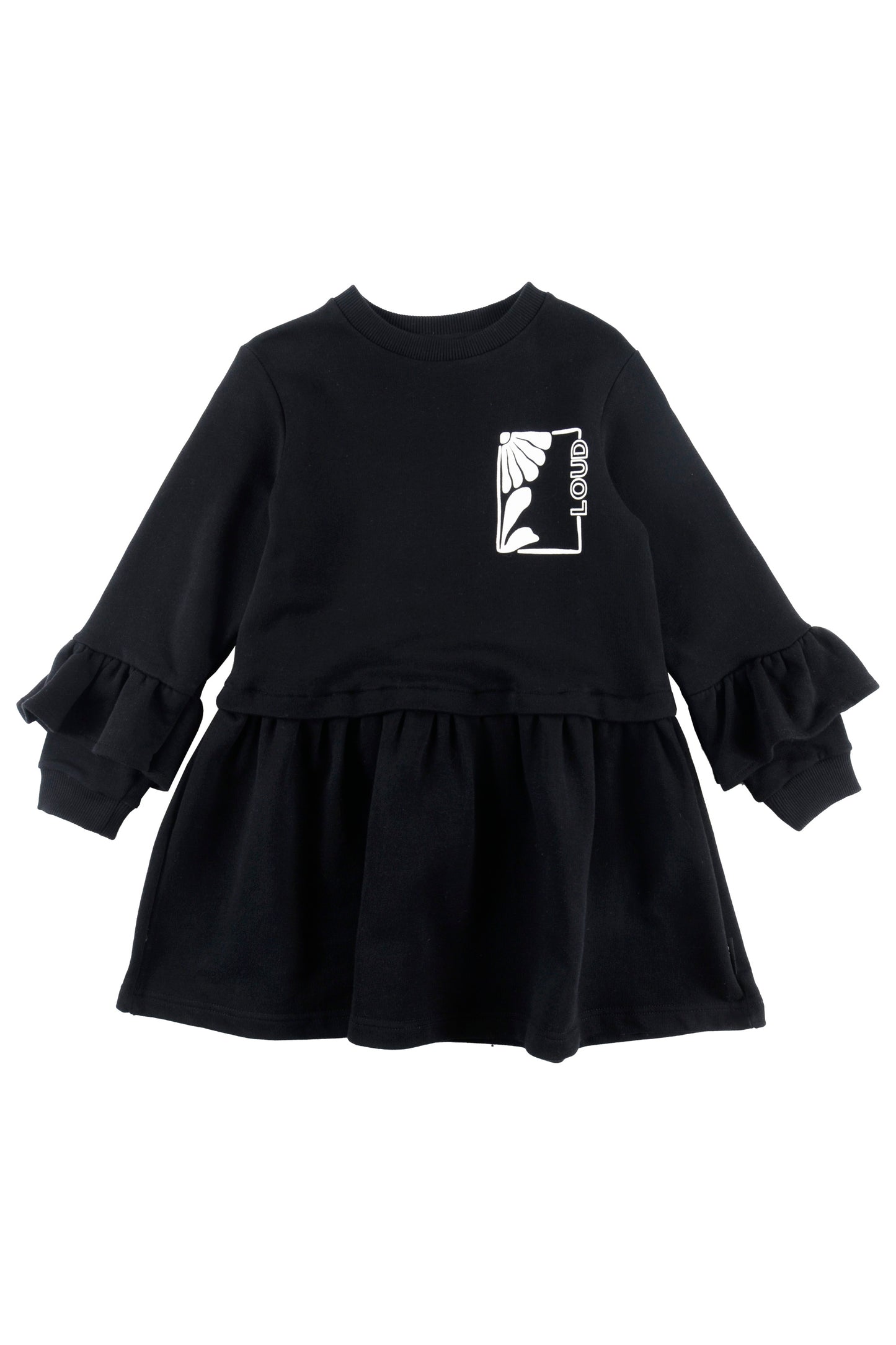 LOUD BLACK/WHITE LOGO RUFFLE TRIM DRESS