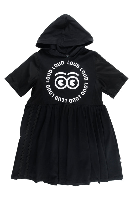 LOUD BLACK/WHITE LOGO HOODED DRESS