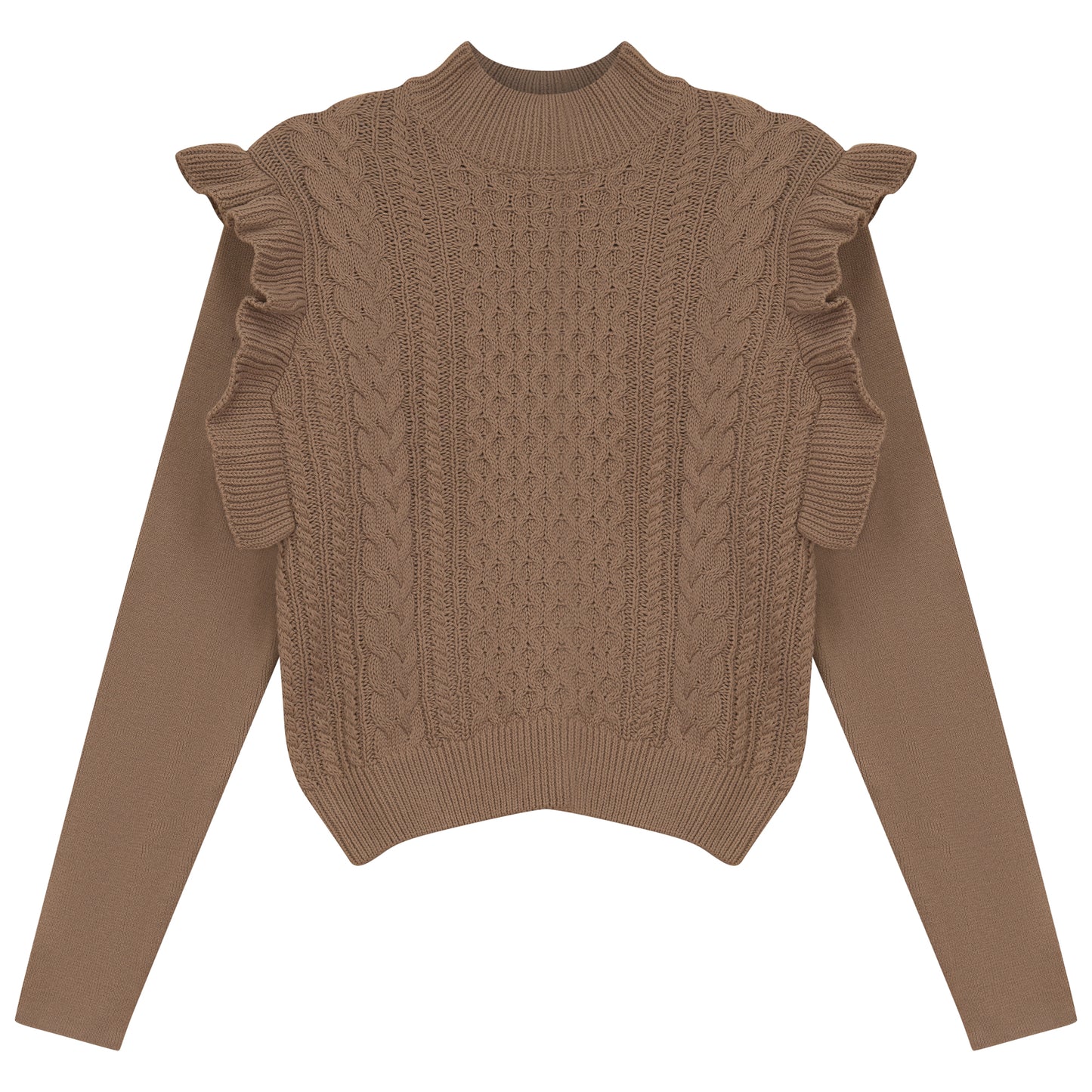 GEM BROWN CABLE KNIT RUFFLE TRIM SWEATER
