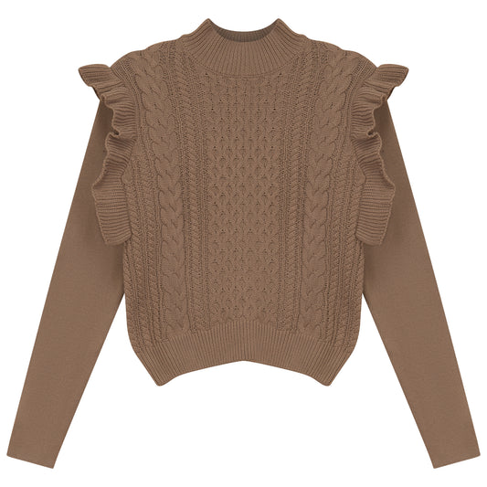 GEM BROWN CABLE KNIT RUFFLE TRIM SWEATER