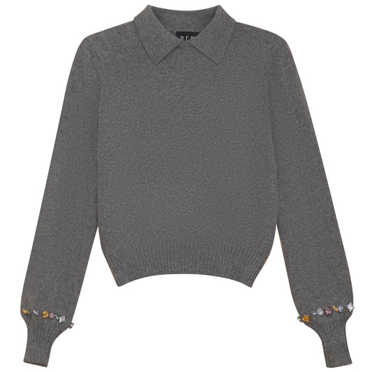 GEM GREY RHINESTONE TRIM COLLAR SWEATER