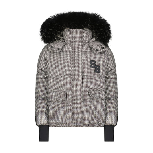 SCOTCH BONNET BLACK/WHITE HOUNDSTOOTH FUR TRIM COAT