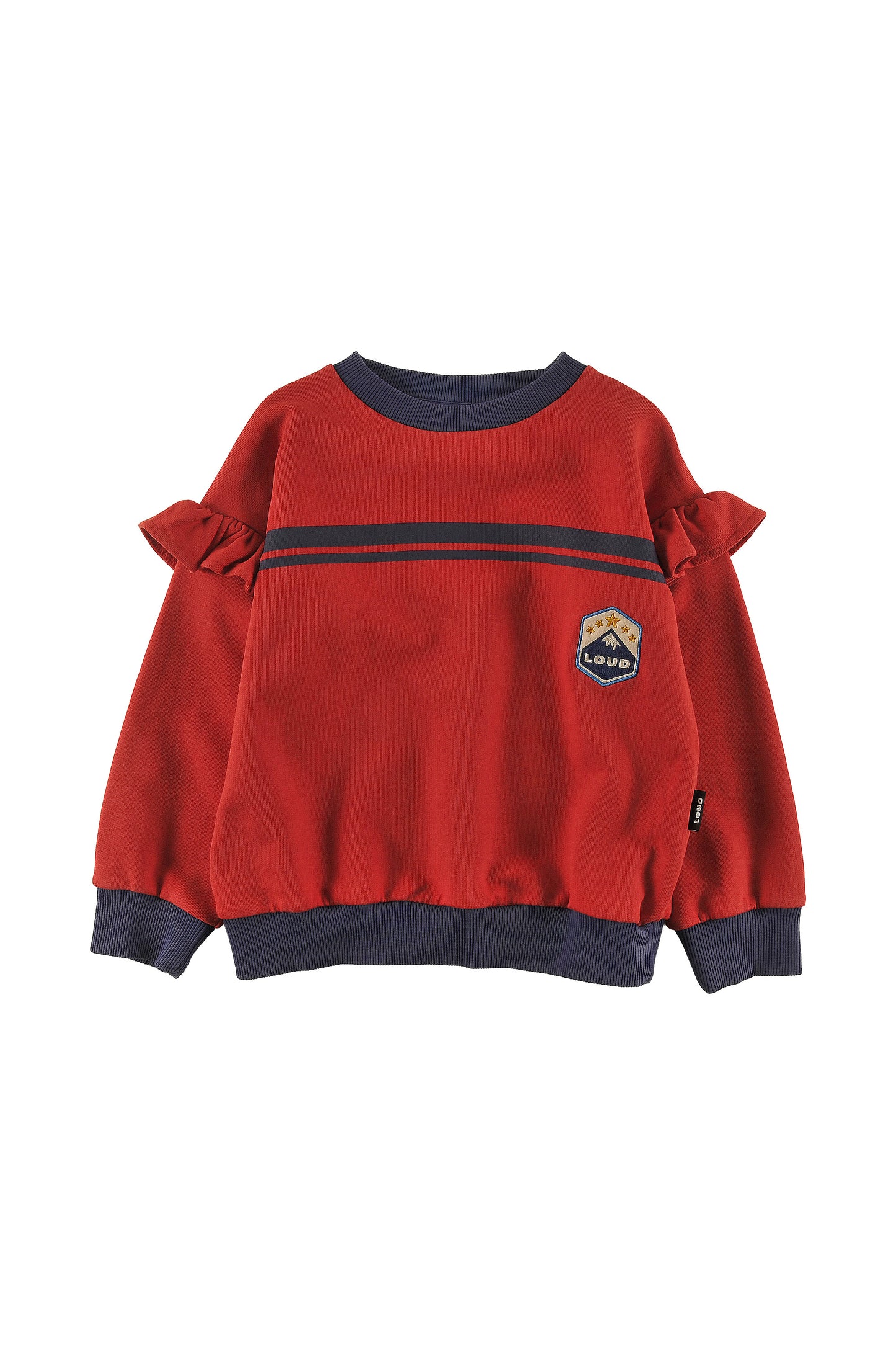 LOUD RED/BLUE TRIM EMBROIDERED RUFFLE SWEATSHIRT