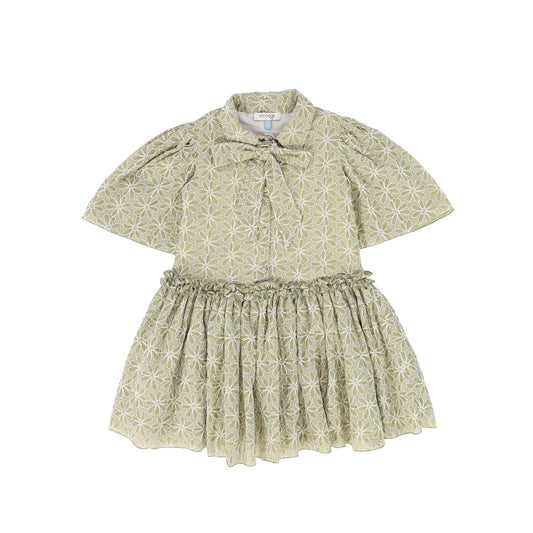 ALAPAGE OLIVE GREEN FLORAL EMBROIDERED TIE DRESS