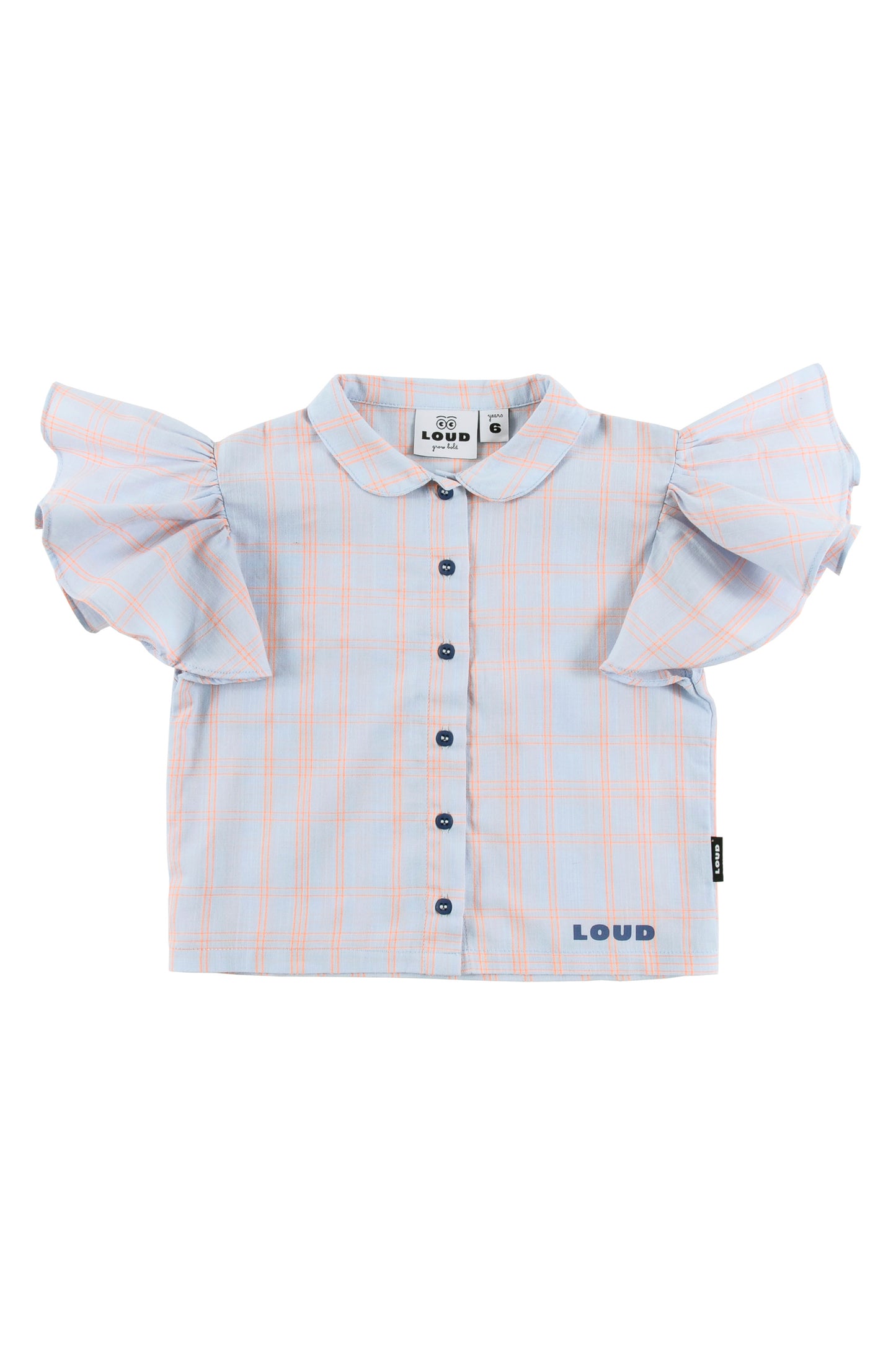 LOUD BLUE/ORANGE CHECKED RUFFLE SHOULDER BLOUSE