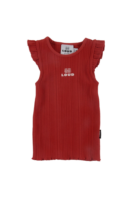 LOUD RED RIBBED RUFFLE TRIM TANK