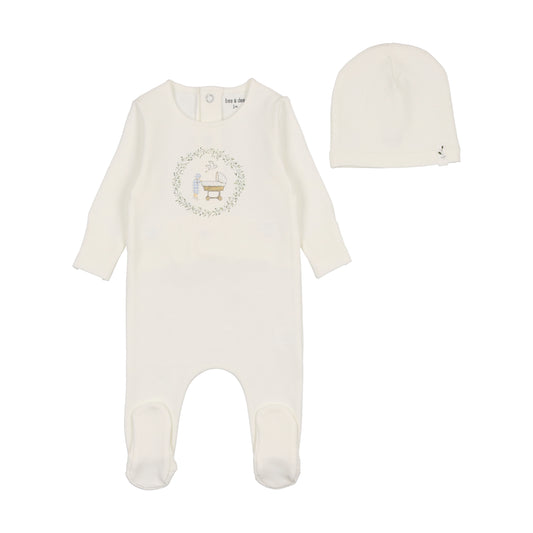 BEE & DEE WHITE/BLUE CRADLE PATCH FOOTIE + BEANIE