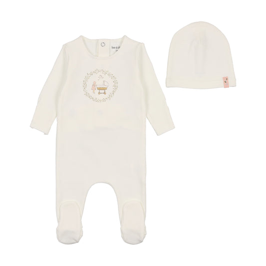 BEE & DEE WHITE/PINK CRADLE PATCH FOOTIE + BEANIE