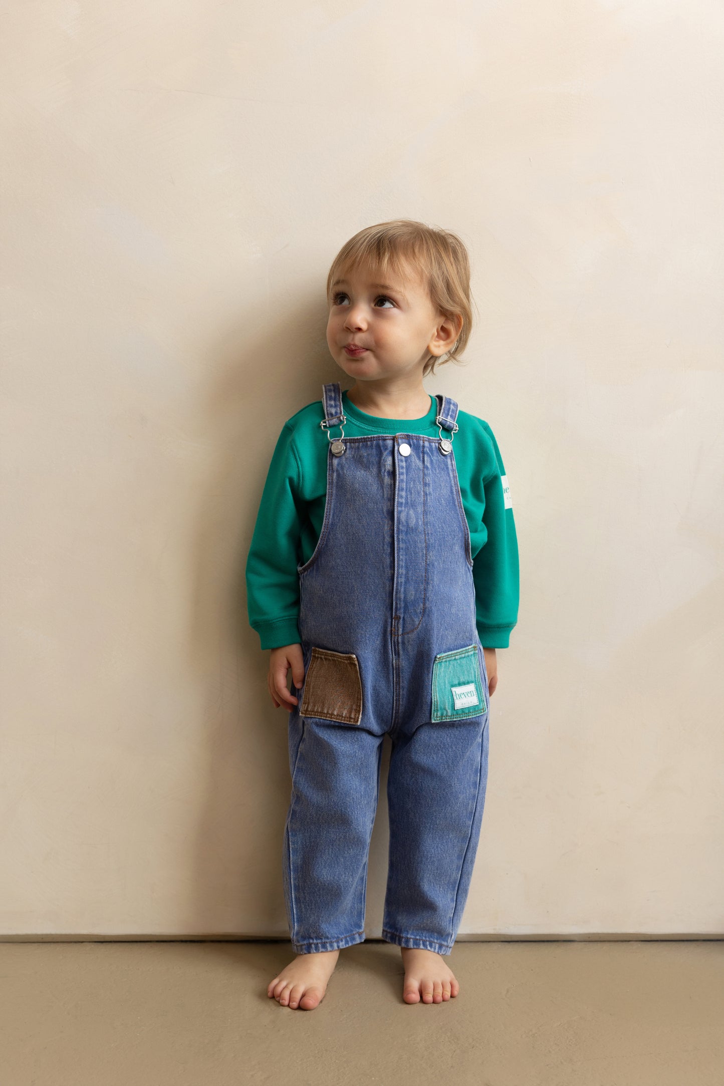 HEVEN CHILD DENIM/GREEN POCKET OVERALLS