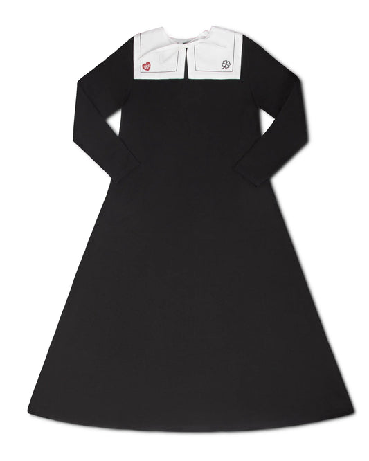LITTLE PARNI BLACK/WHITE BIB COLLAR MIDI DRESS