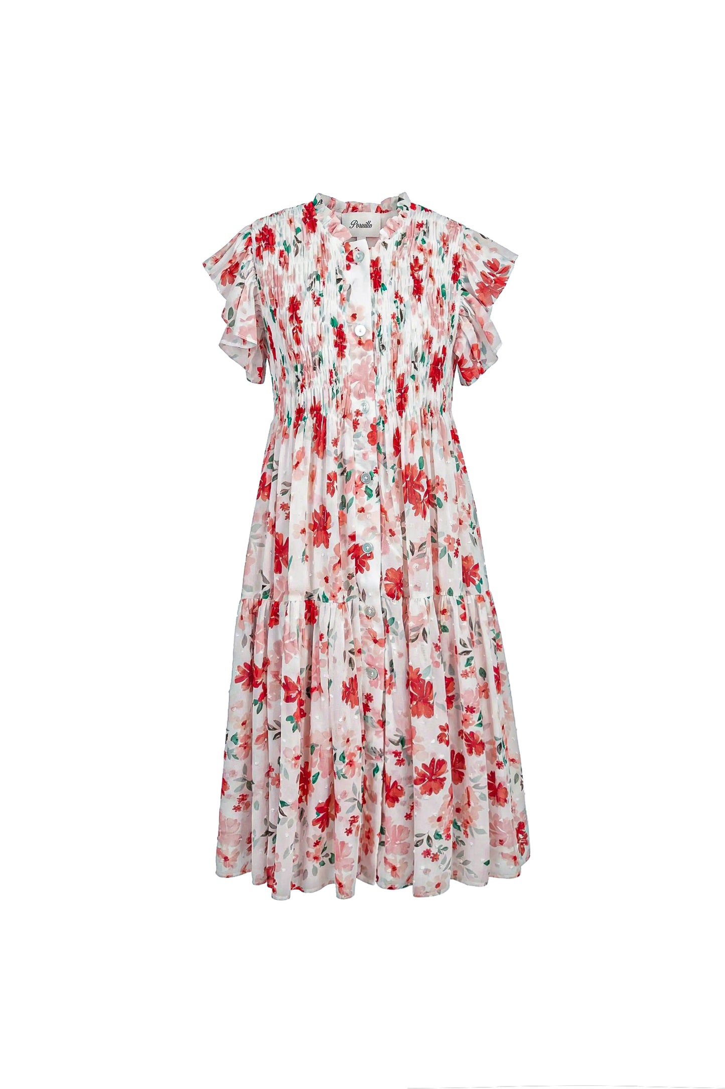 PERNILLE IVORY/RED FLORAL SMOCK FLUTTER SLEEVE DRESS