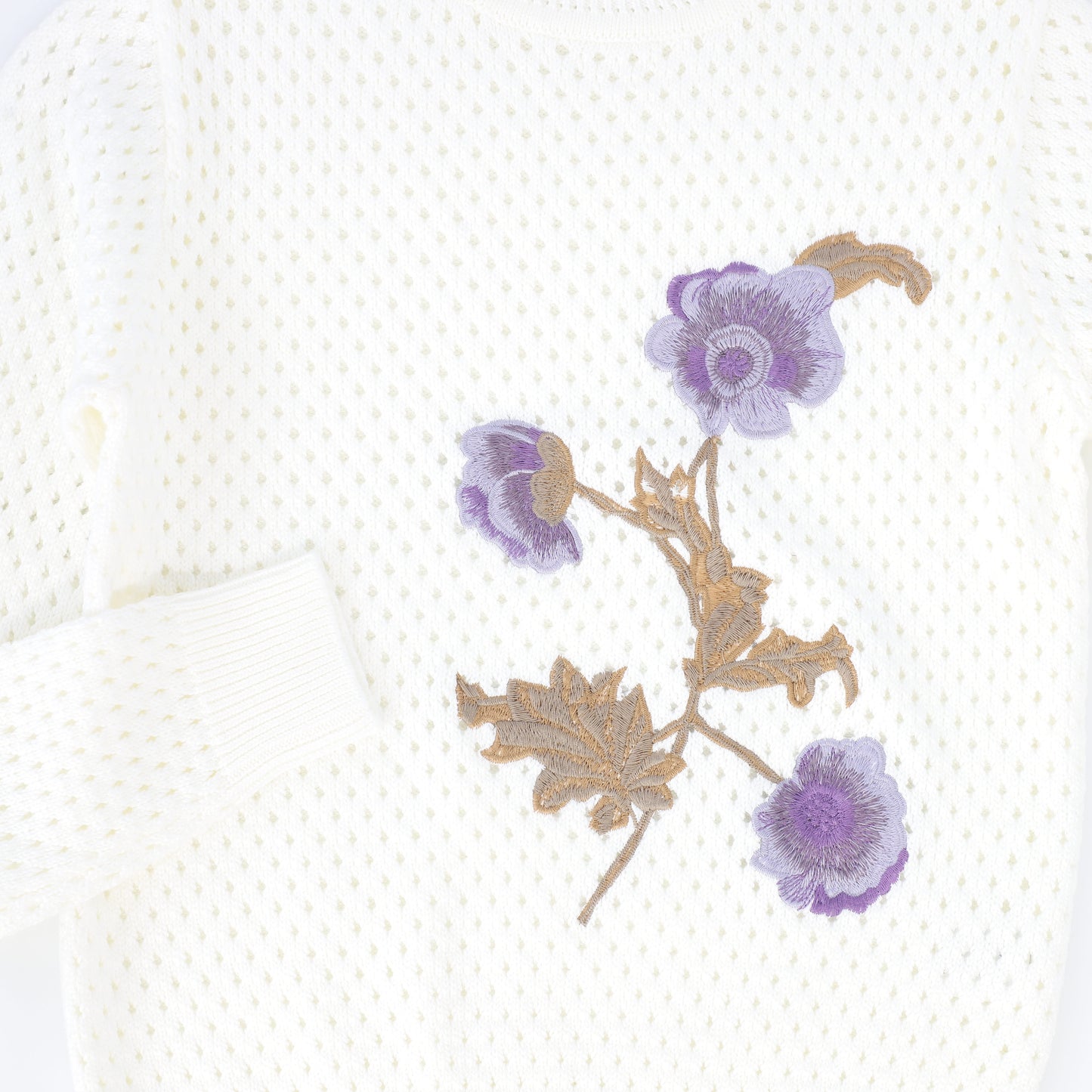 VALENTINA IVORY POINTELLE FLOWER EMBROIDERED SWEATER