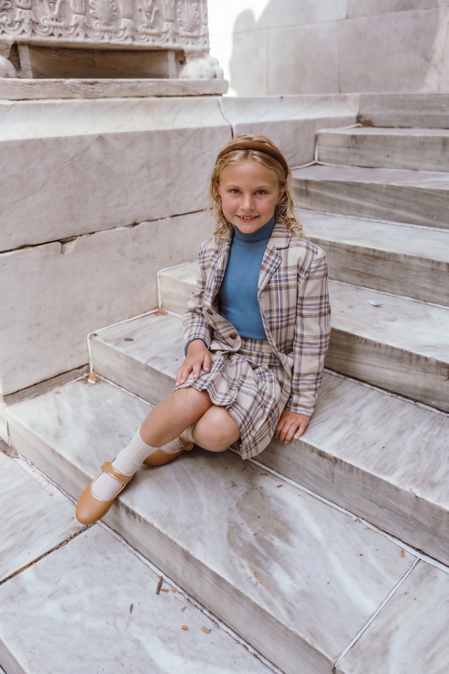 COCO BLANC CAMEL/NAVY PLAID PLEATED SKIRT