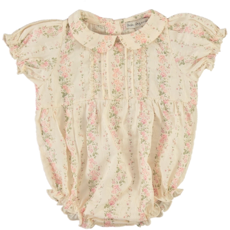 BEBE ORGANIC PINK FLORAL COLLARED PUFF SLEEVE ROMPER