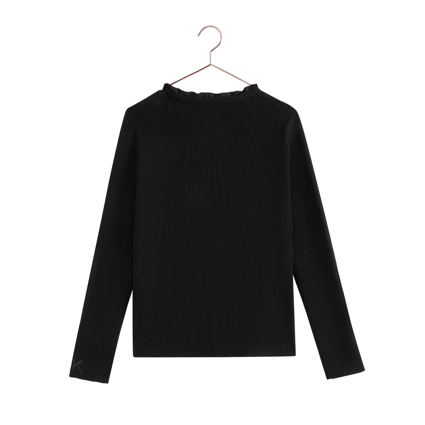 RETRO KID BLACK RHINESTONE BUTTON RUFFLE TRIM KNIT SWEATER