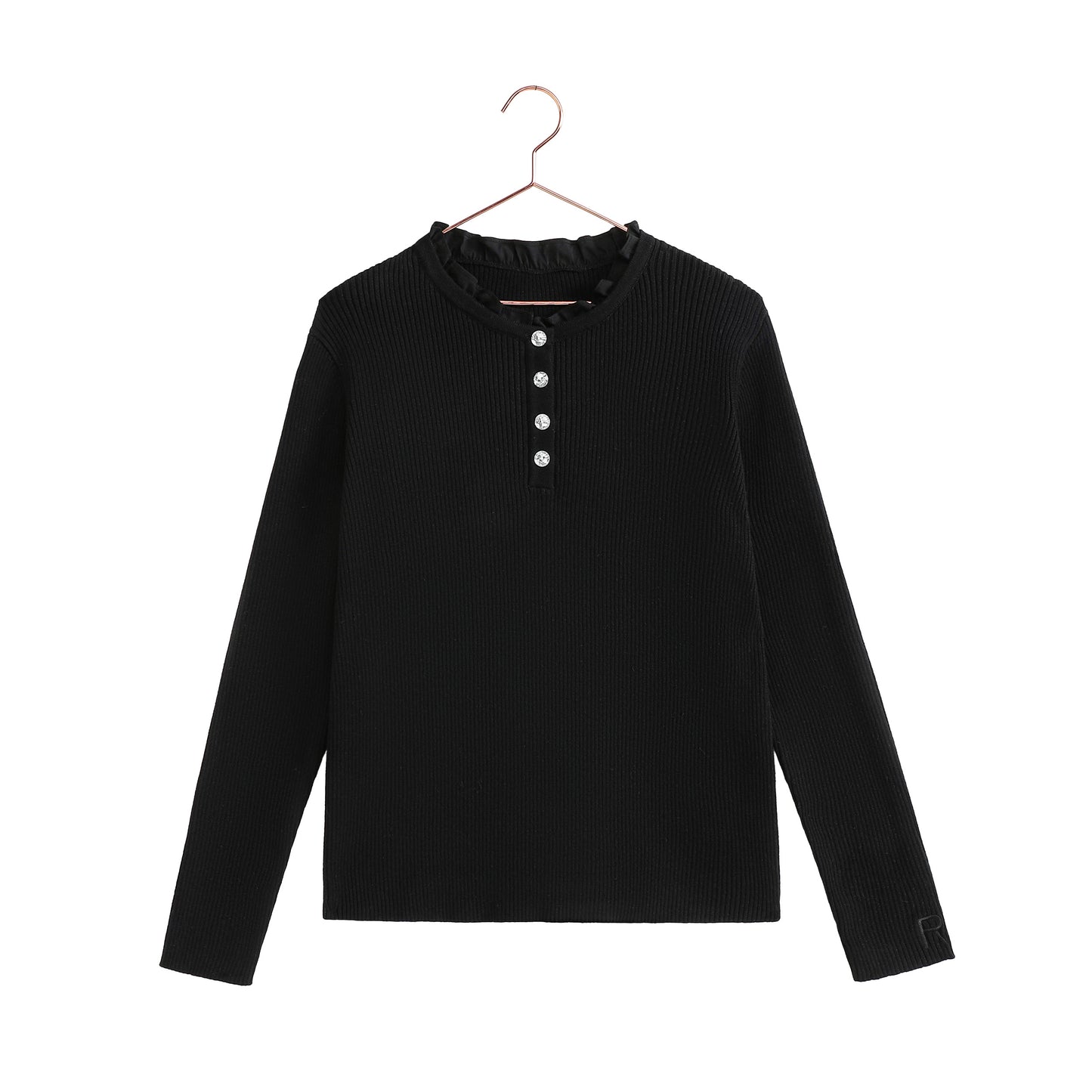 RETRO KID BLACK RHINESTONE BUTTON RUFFLE TRIM KNIT SWEATER