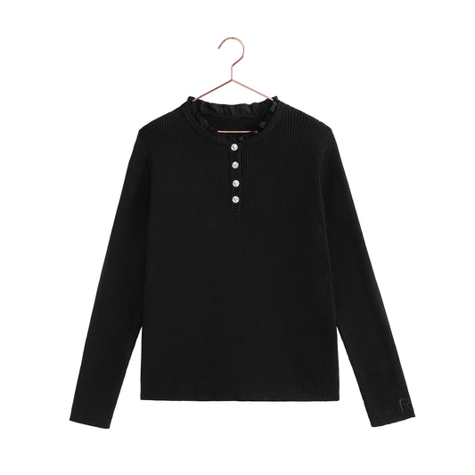 RETRO KID BLACK RHINESTONE BUTTON RUFFLE TRIM KNIT SWEATER