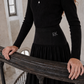 RETRO KID BLACK RHINESTONE BUTTON RUFFLE TRIM KNIT SWEATER